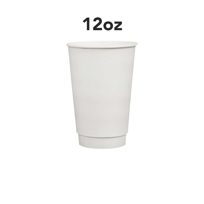 12oz, 50Pack, Paper Hot Cups with Lids, Double Wall Insulated, White Coffee Cups with White Dome Lid