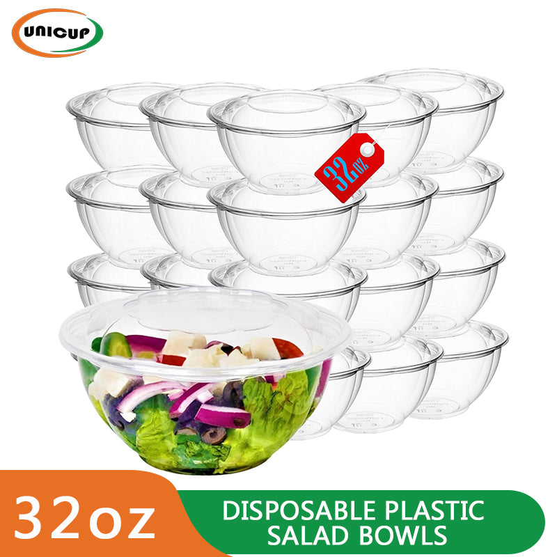 Unicup 32oz Disposable Plastic Salad Bowls with Lid (150Count)