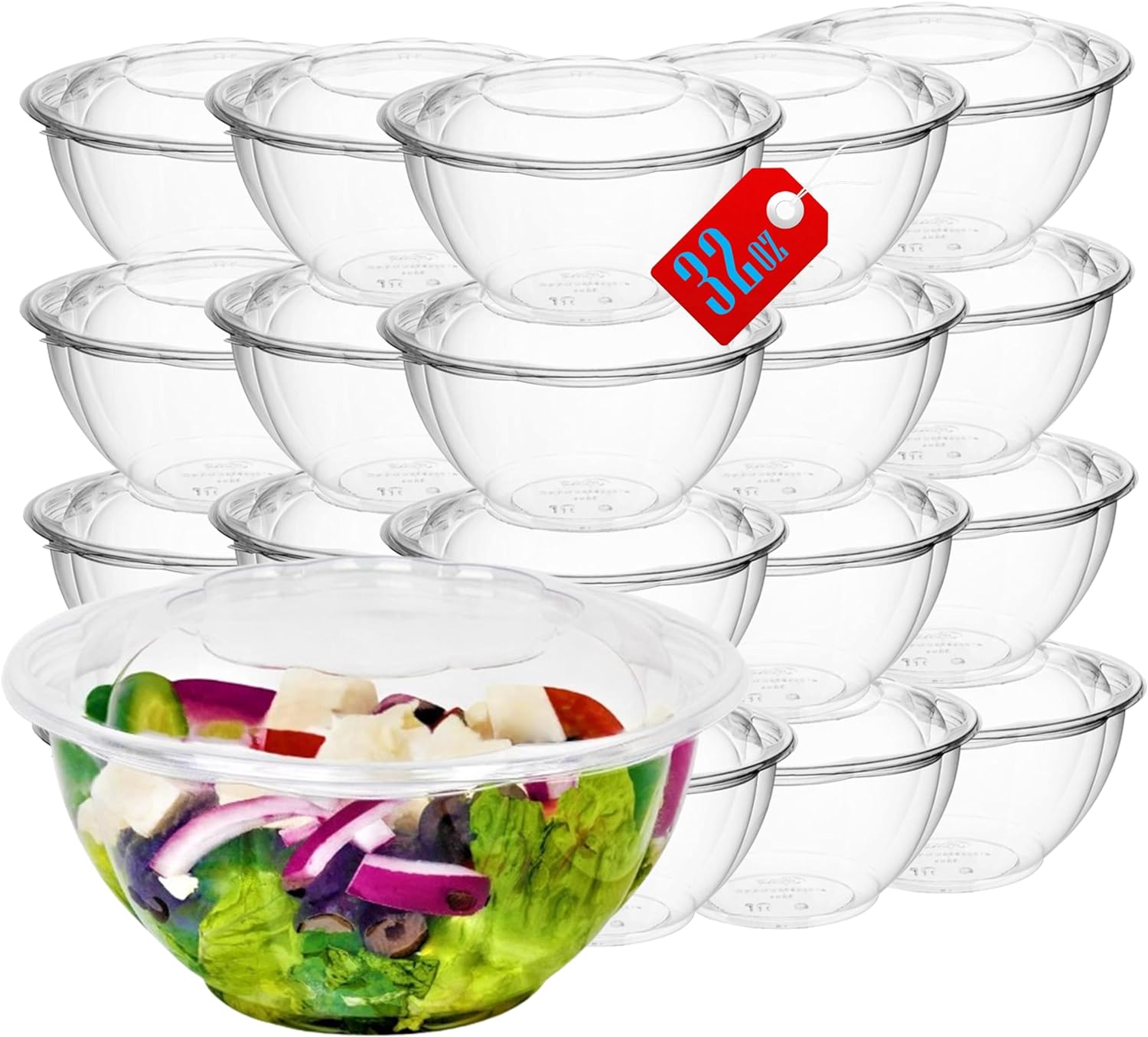 Unicup 32oz Disposable Plastic Salad Bowls with Lid (150Count)