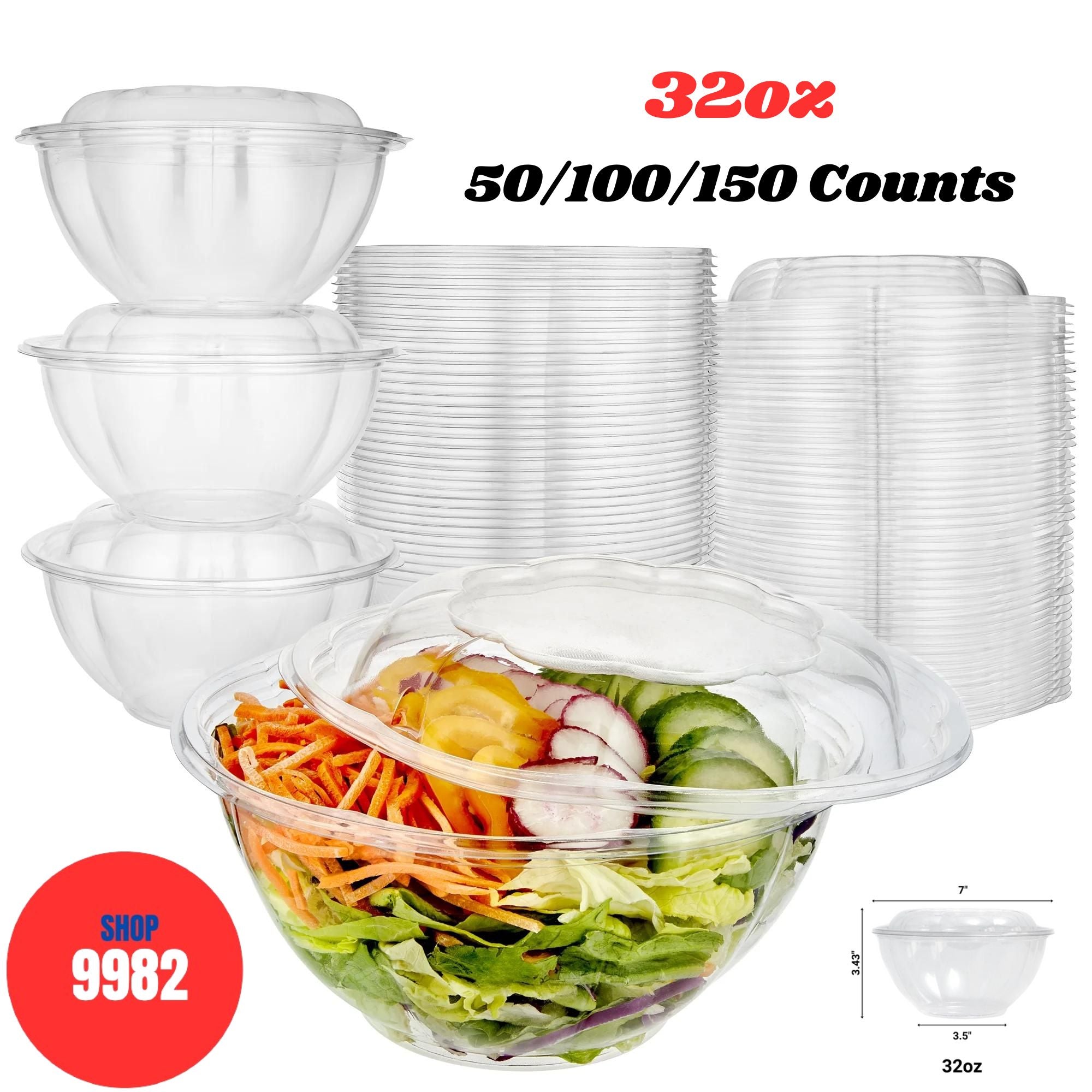 Unicup 32oz Disposable Plastic Salad Bowls with Lid (150Count)