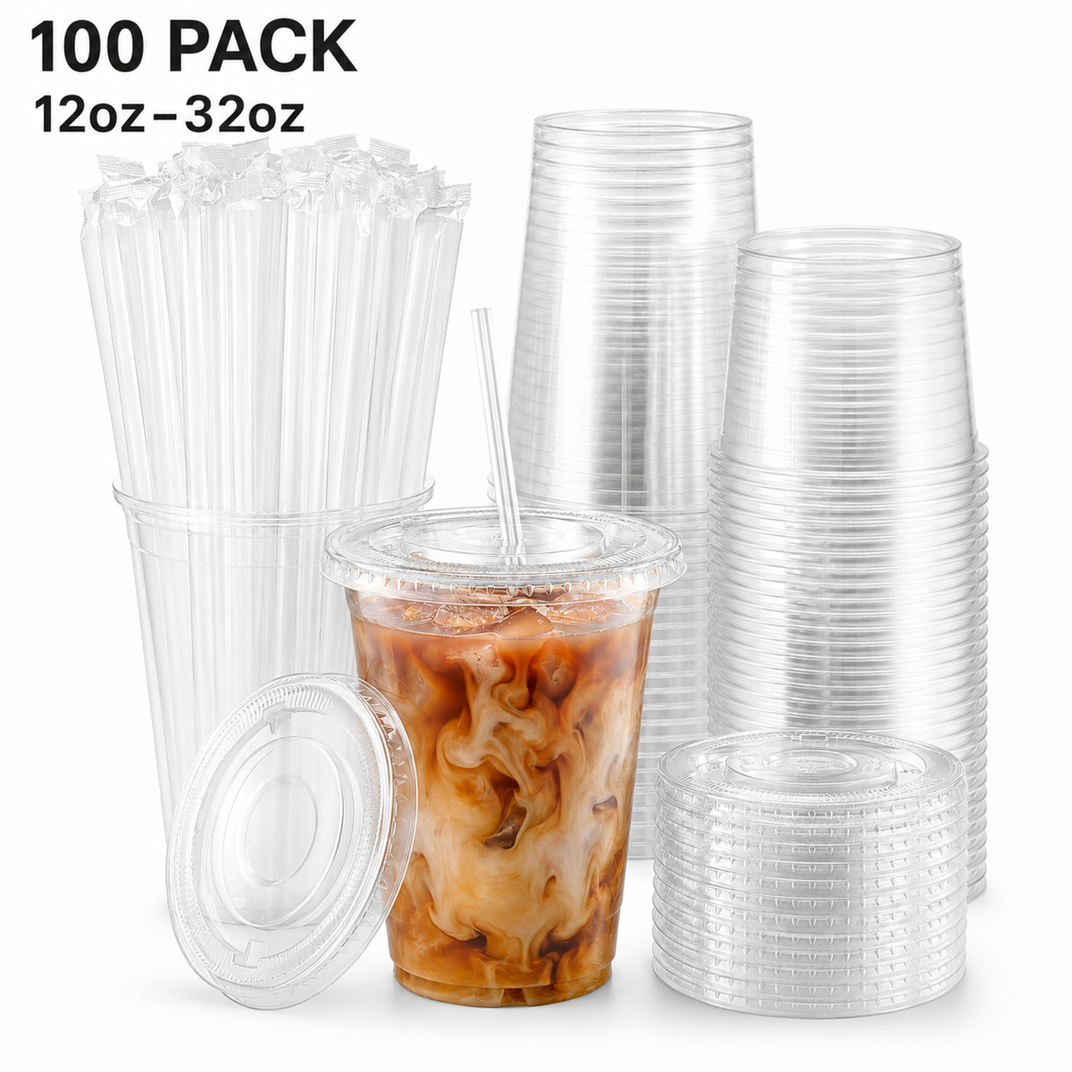 Unicup [100 sets] Crystal Clear PET Plastic Cups with Lids and Straws for Water, Juice, Soda, Ice Coffee
