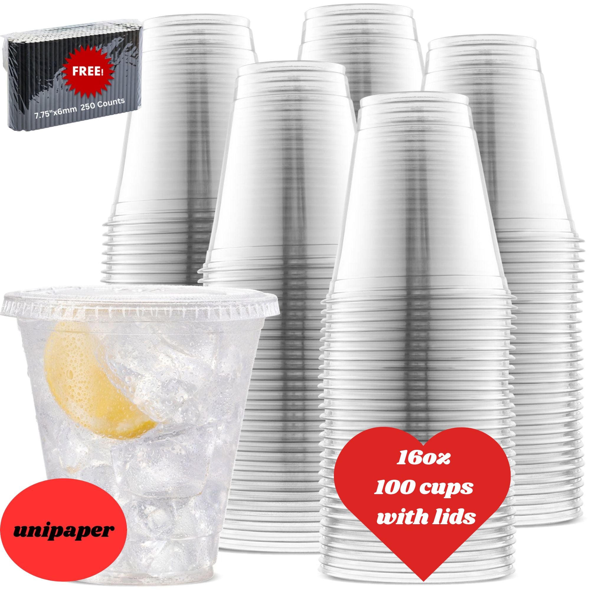 [100 sets] Unicup Clear PET Plastic Cups for Water, Juice, Soda, Ice Coffee,Plus 250ct Paper Straws for FREE!