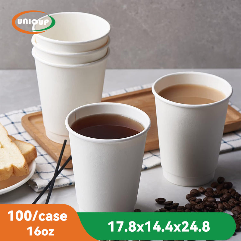 16oz, 100Pack, Paper Hot Cups with Lids,  Double Wall Insulated, White Coffee Cups with White Dome Lid