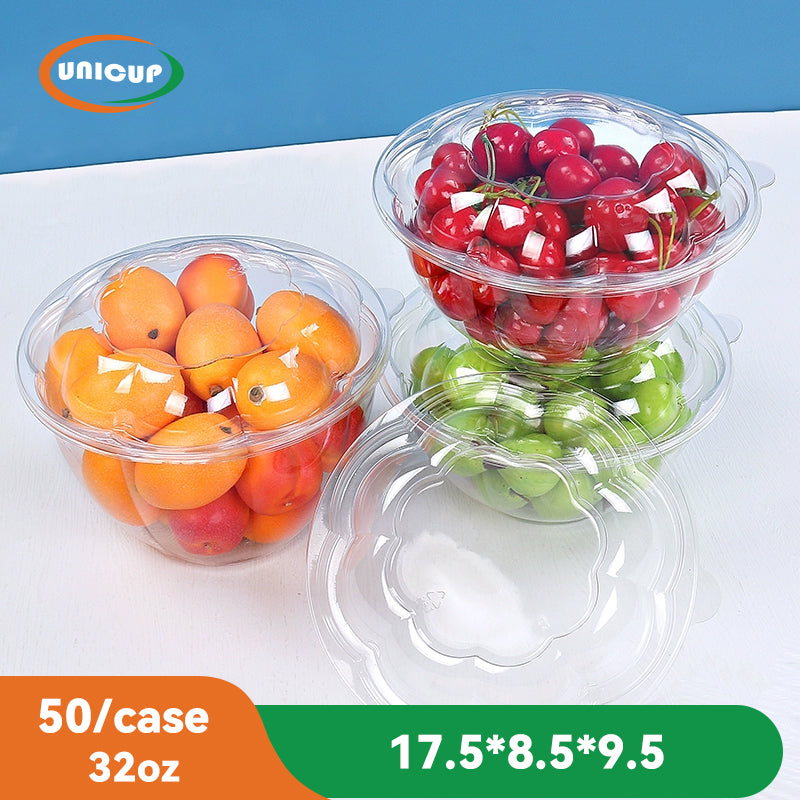 32oz Clear Plastic Salad Bowls with Lids Disposable (50 Pack) Medium Takeout Container with Snap on Lid for Fruit Salads