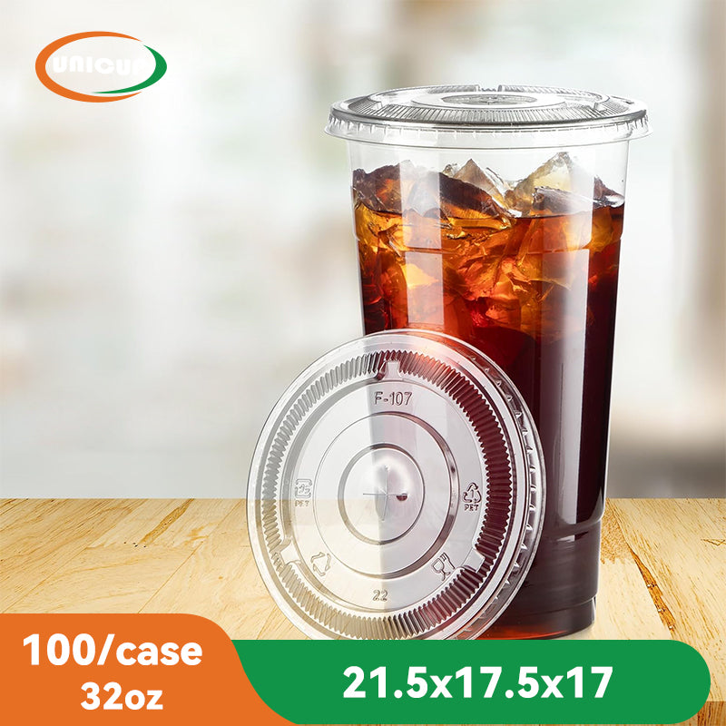 100 Pack 32oz Clear Plastic Cups With Lids, Disposable Iced Coffee Cups with Flat Lids