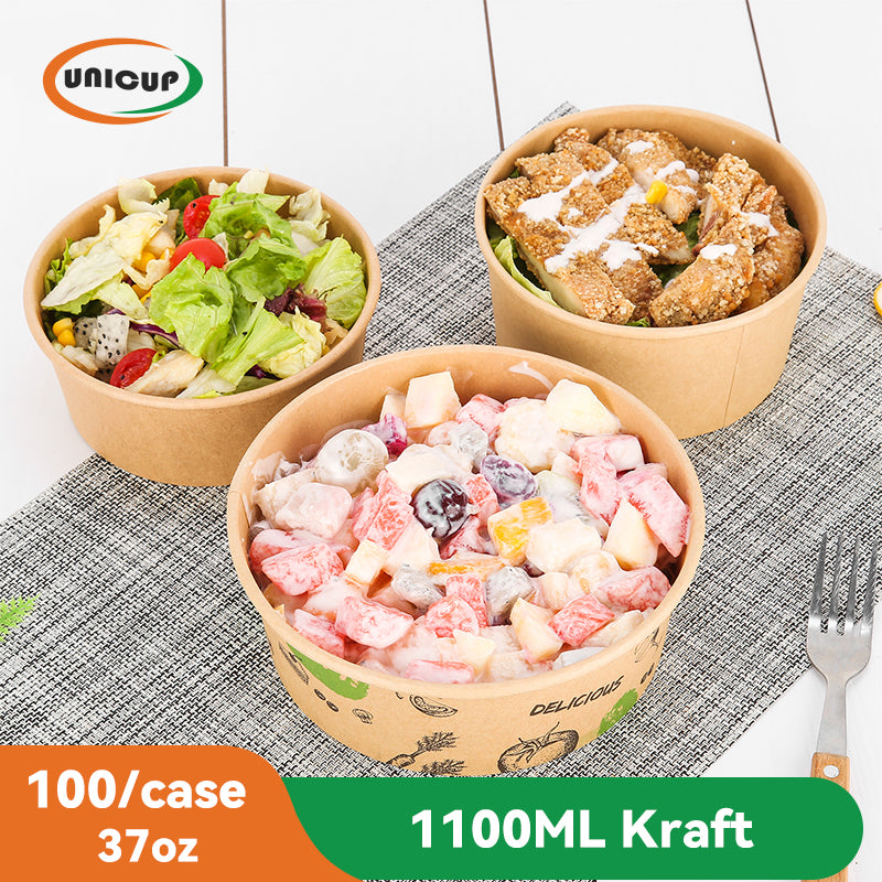 37 Oz  100 Pack Kraft Paper Bowls with Lid, Disposable Soup Salad Serving Bowls