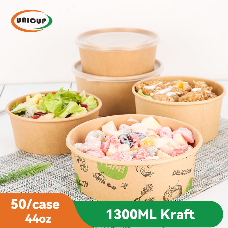 44 Oz  50 Pack Kraft Paper Bowls with Lid, Disposable Soup Salad Serving Bowls