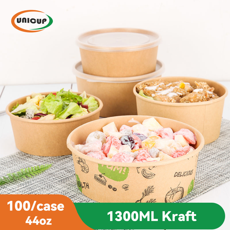 44 Oz  100 Pack Kraft Paper Bowls with Lid, Disposable Soup Salad Serving Bowls
