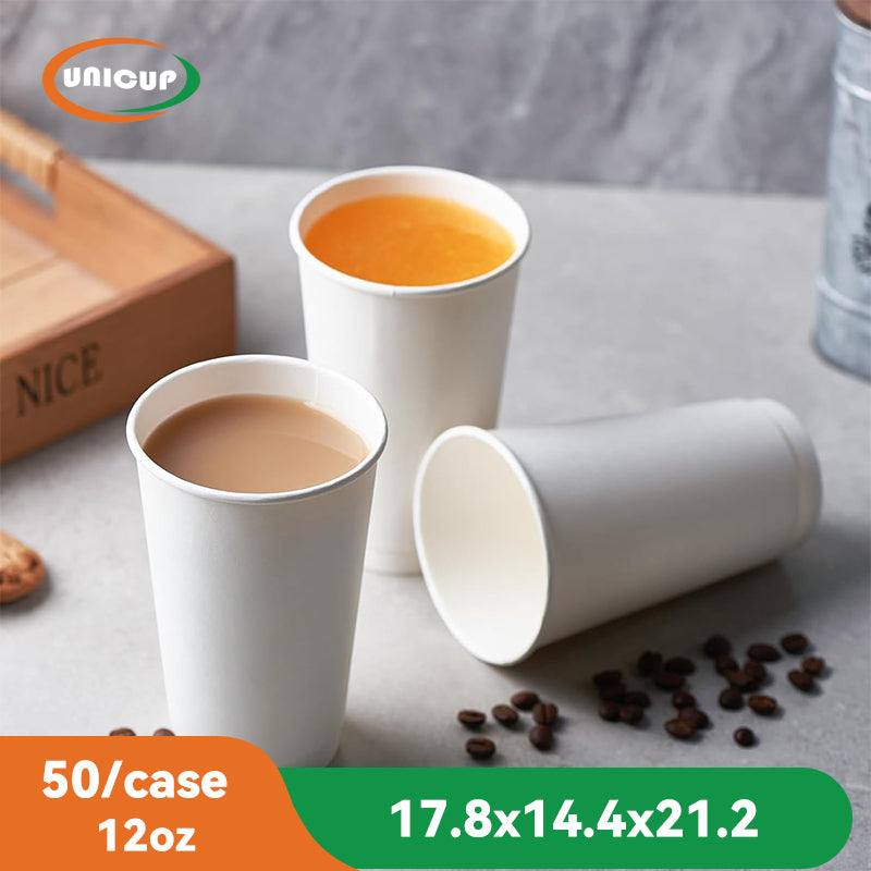 12oz, 50Pack, Paper Hot Cups with Lids,  Double Wall Insulated, White Coffee Cups with White Dome Lid