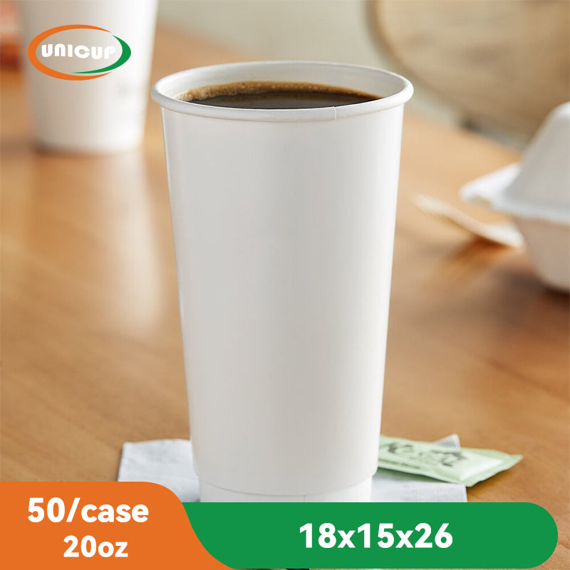 20oz, 50Pack, Paper Hot Cups with Lids,  Double Wall Insulated, White Coffee Cups with White Dome Lid