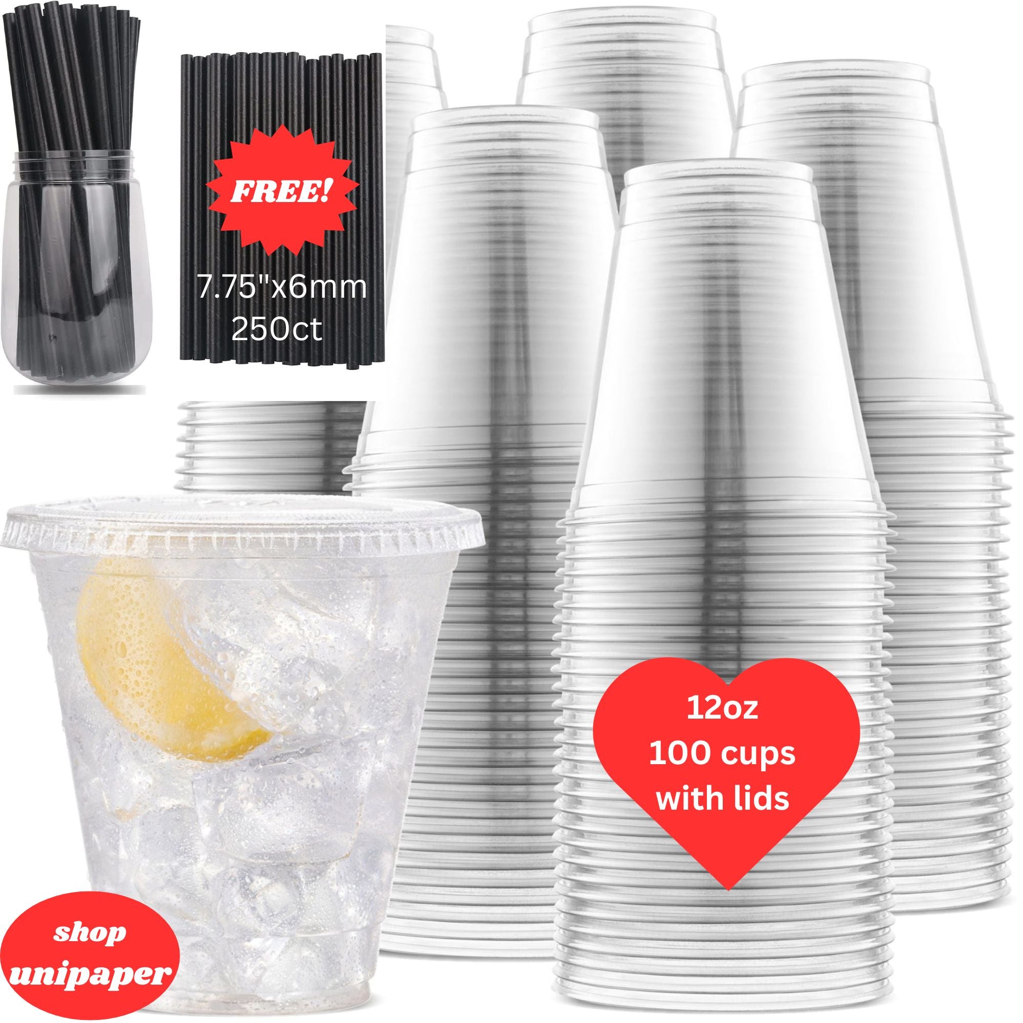 [100 sets] Unicup Clear PET Plastic Cups for Water, Juice, Soda, Ice Coffee,Plus 250ct Paper Straws for FREE!