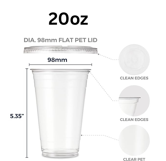 Unicup [100 sets] Crystal Clear PET Plastic Cups with Lids and Straws for Water, Juice, Soda, Ice Coffee