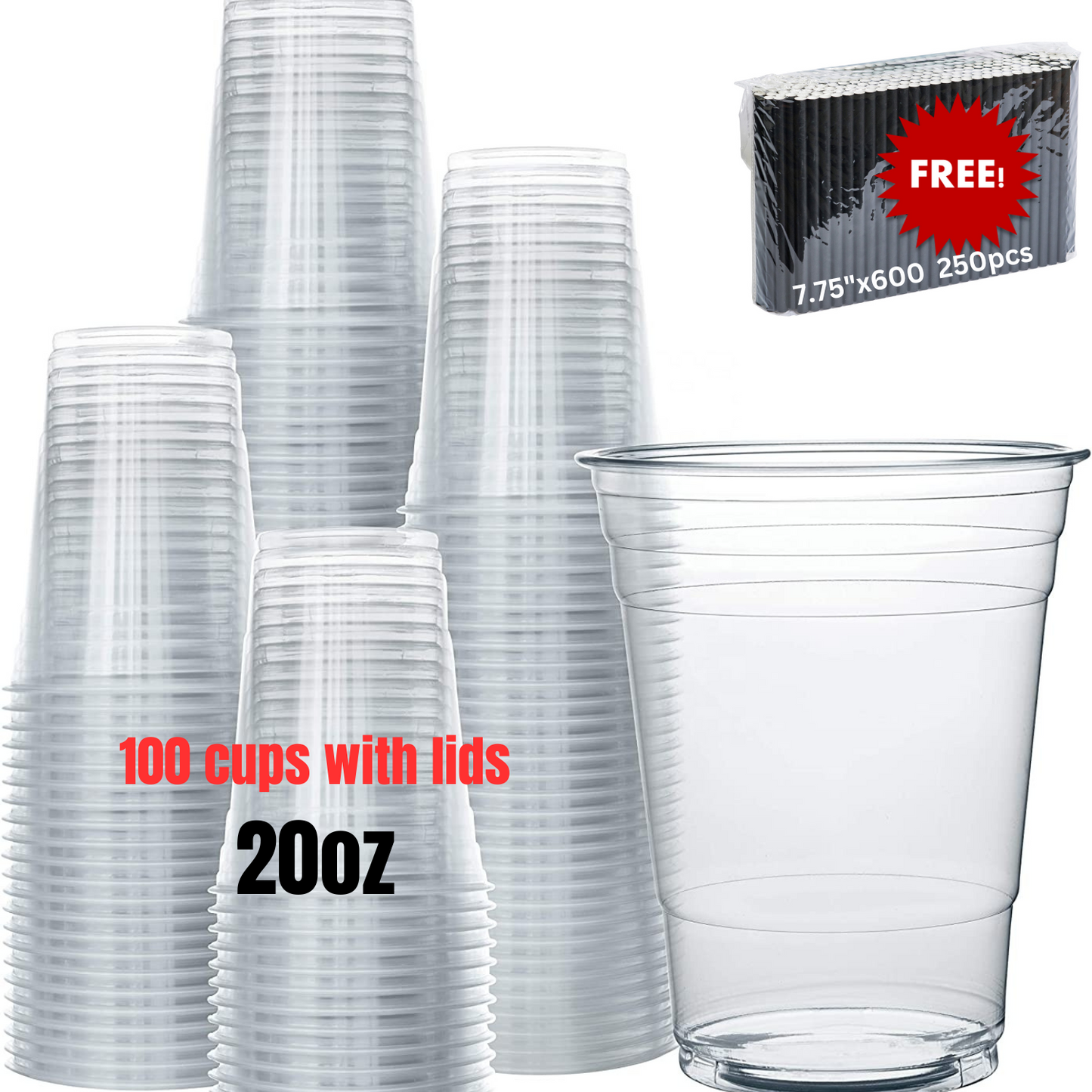 Unicup [100 sets] Crystal Clear PET Plastic Cups with Lids for Water, Juice, Soda, Ice Coffee Plus 250ct Paper Straws for FREE