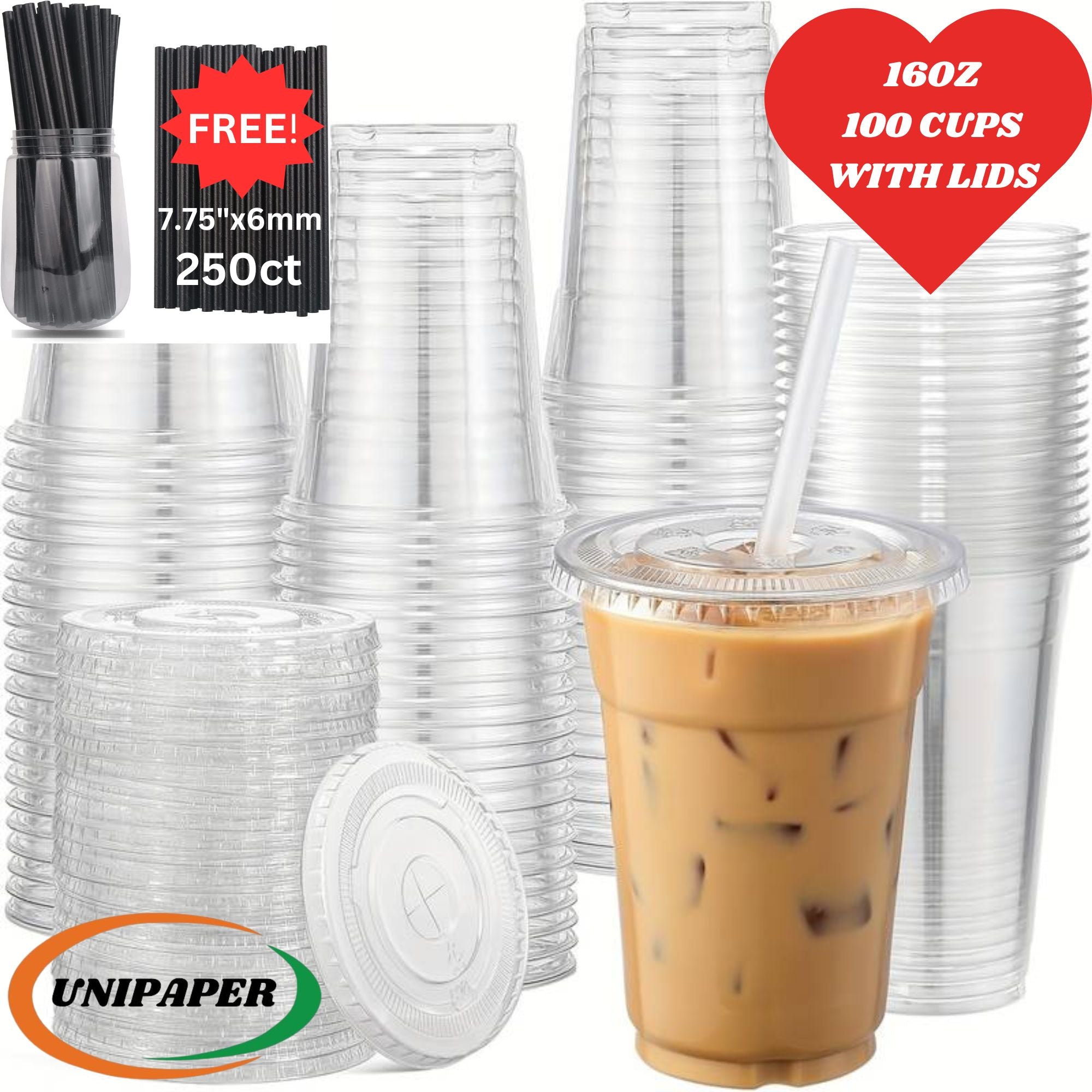 [100 sets] Unicup Clear PET Plastic Cups for Water, Juice, Soda, Ice Coffee,Plus 250ct Paper Straws for FREE!