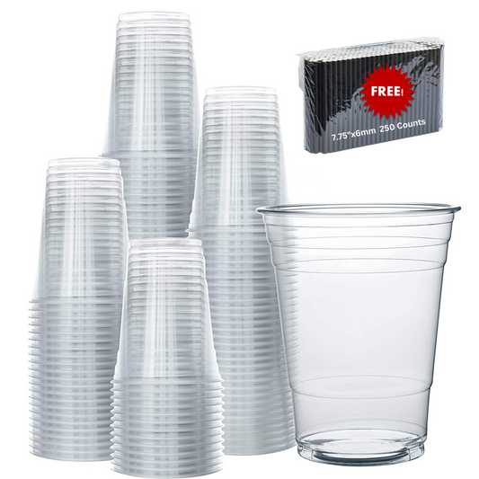 Unicup [100 sets] Crystal Clear PET Plastic Cups with Lids for Water, Juice, Soda, Ice Coffee Plus 250ct Paper Straws for FREE